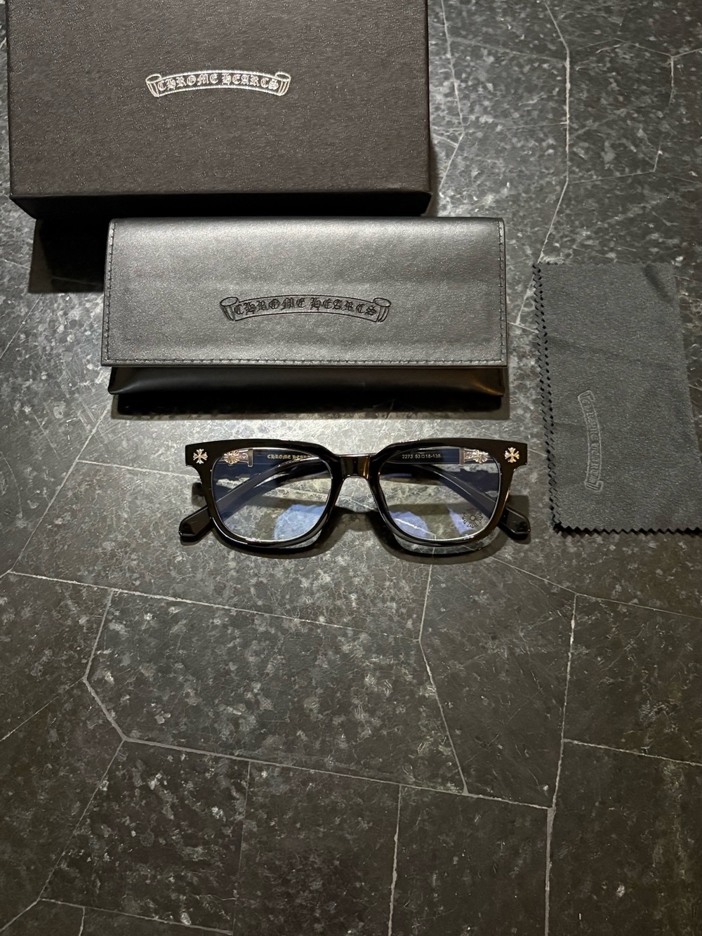 Black Square Frame Glasses with Silver Cross Accents